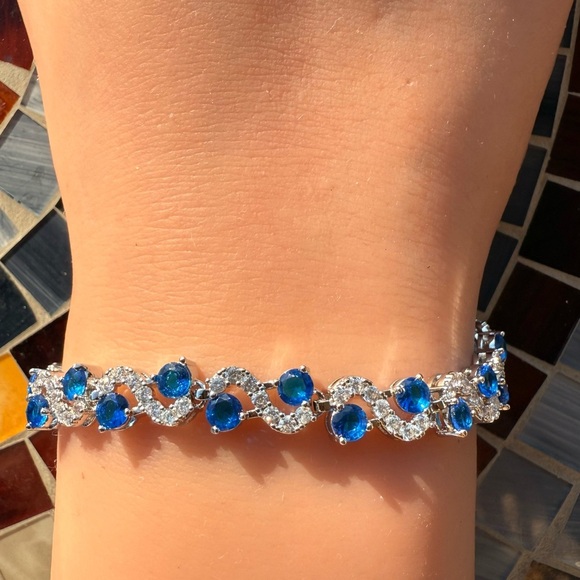 Elegant 925 Sterling Silver Colorful Gemstone Womens Bracelet Deep Blue & Silver - Picture 7 of 12